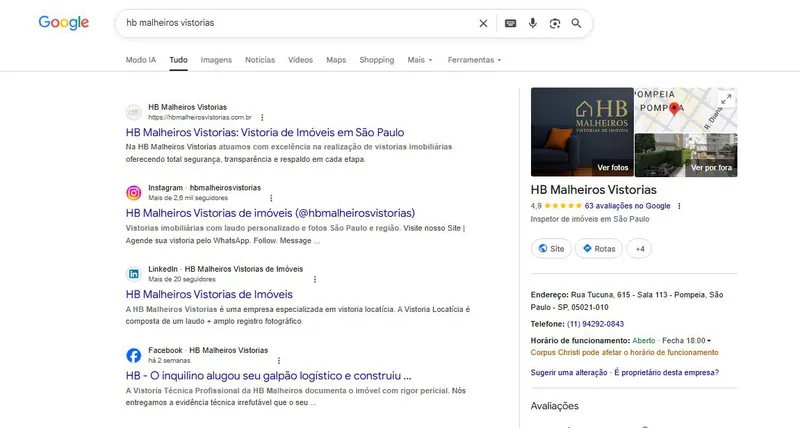 HB Malheiros Vistorias no Google Maps, 4.9 estrelas, 63 avaliações
